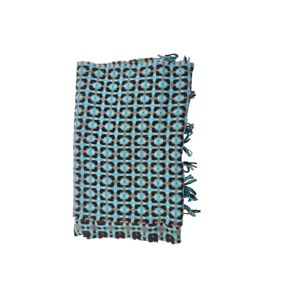 Unbranded Scarf Unisex OS Blue Brown 100% Cashmere Italy Geometric Fringe